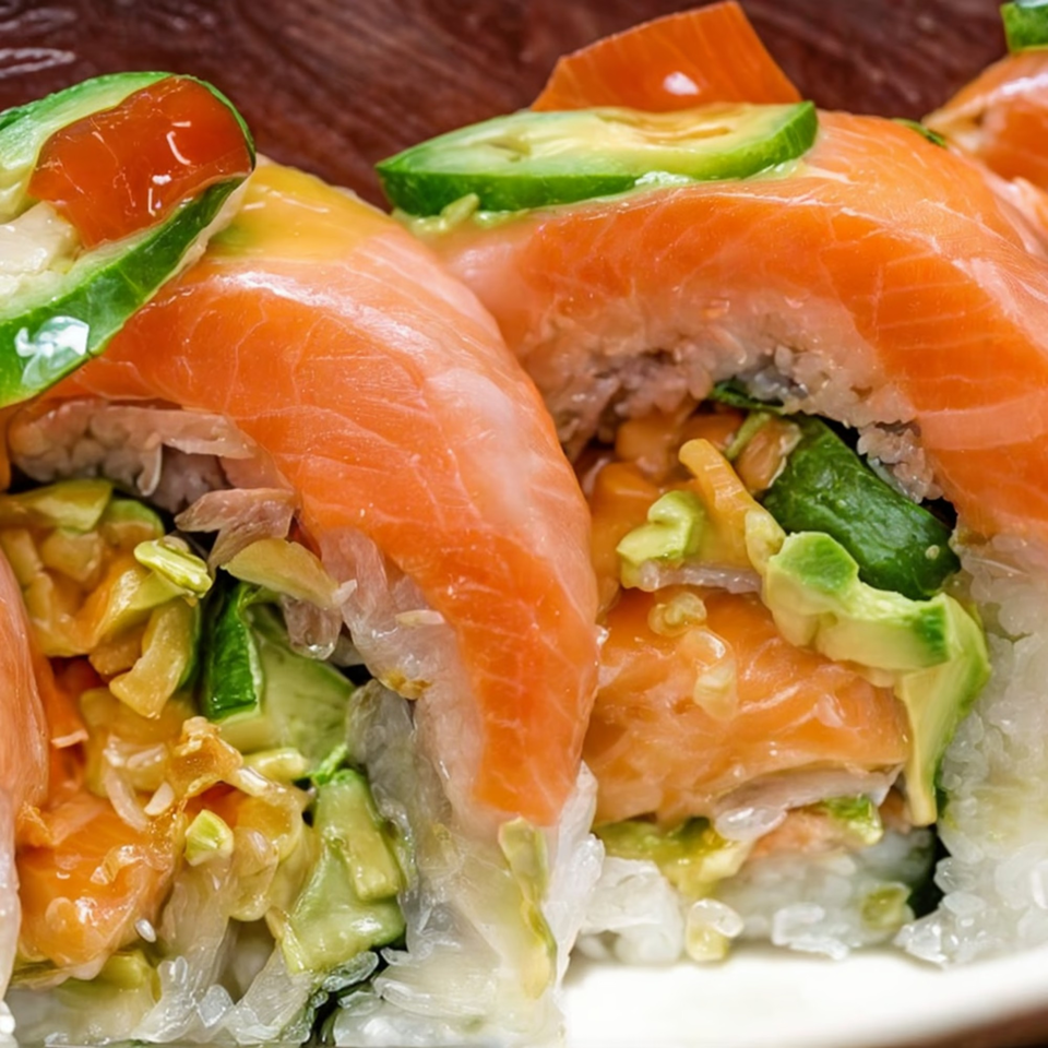 Close-up of Huntington Ramen & Sushi's salmon sushi rolls topped with avocado and jalapeño slices.